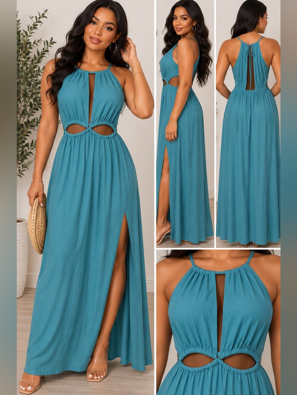 Cupshe Teal Cutout Halter Maxi Dress